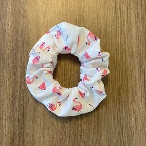 Funky Flamingo Print Handmade Scrunchie, White/Pink.